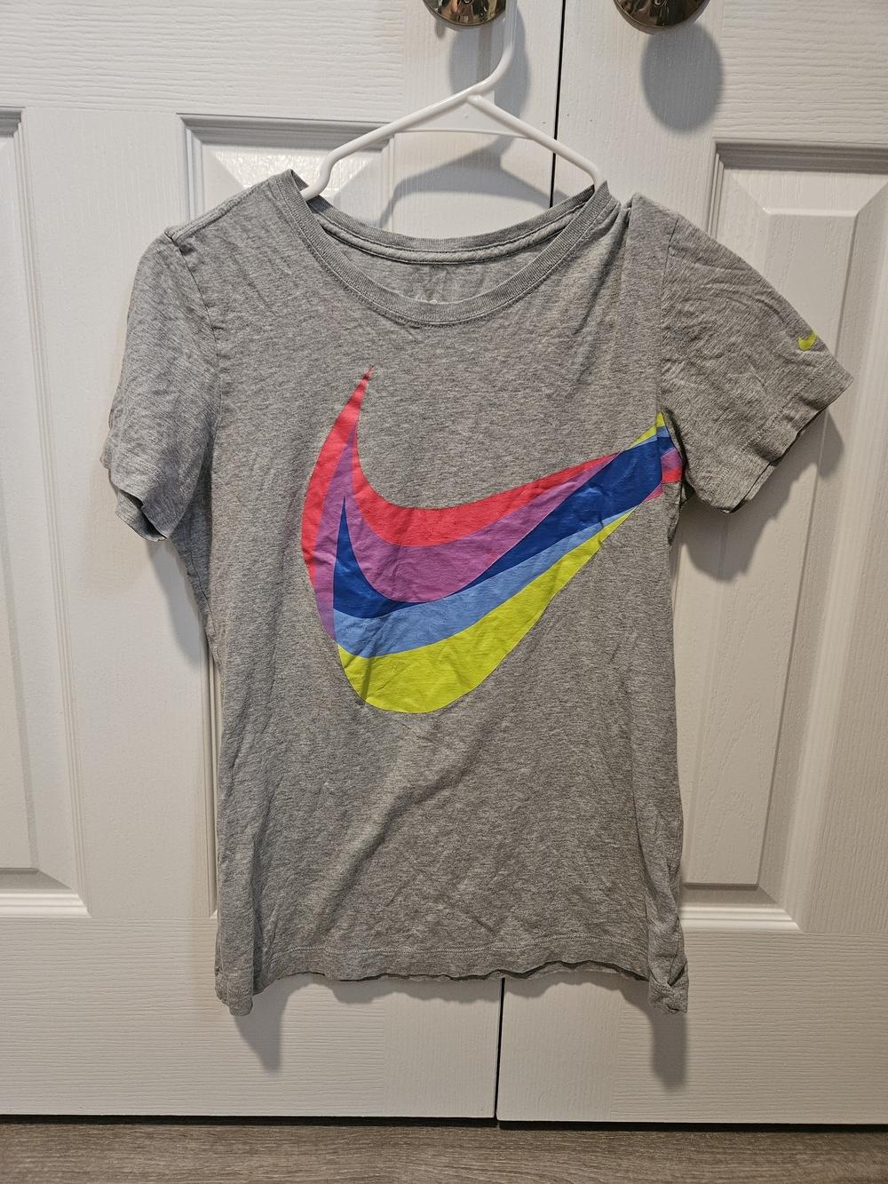 Nike Gray Tee with Pink, Purple, Blue & Yellow Swoosh